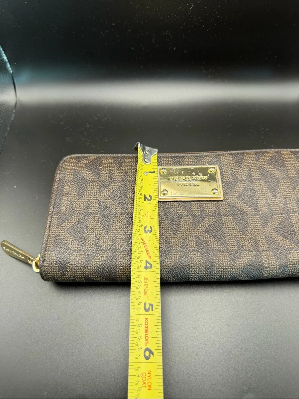 Michael Kors Brown MK Logo Zip Wallet with Gold Plate